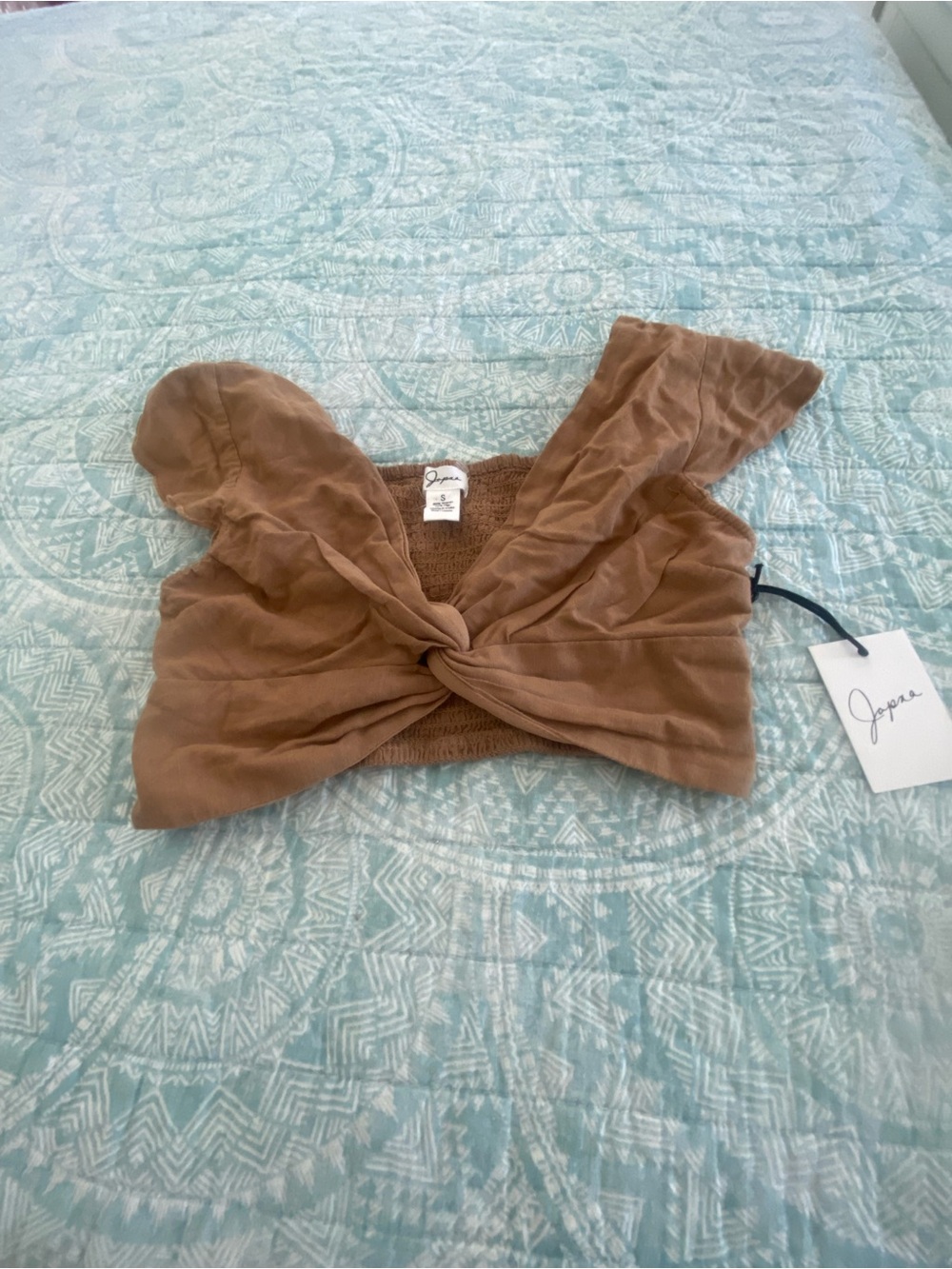 Japna Tan Knot-Front Crop Top with Flutter Sleeves